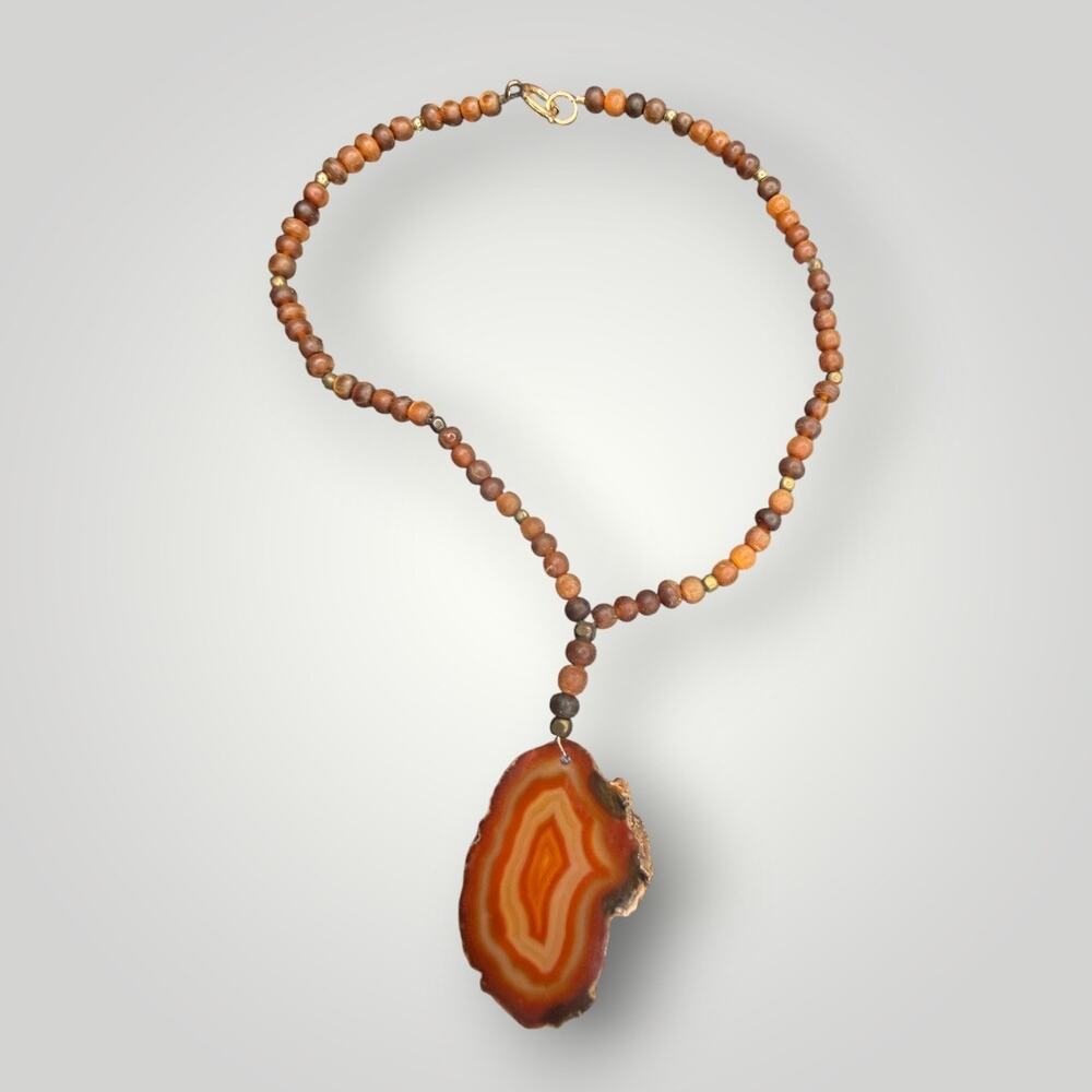 Vintage Natural Agate Slice Pendant Necklace Wood Beads 1/20 14K GF 15 inch